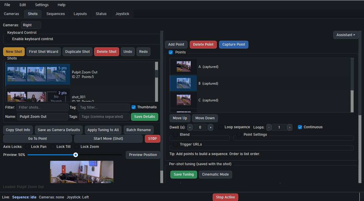 PTZ Shot Director shots tab showing saved shots and point sequencing.